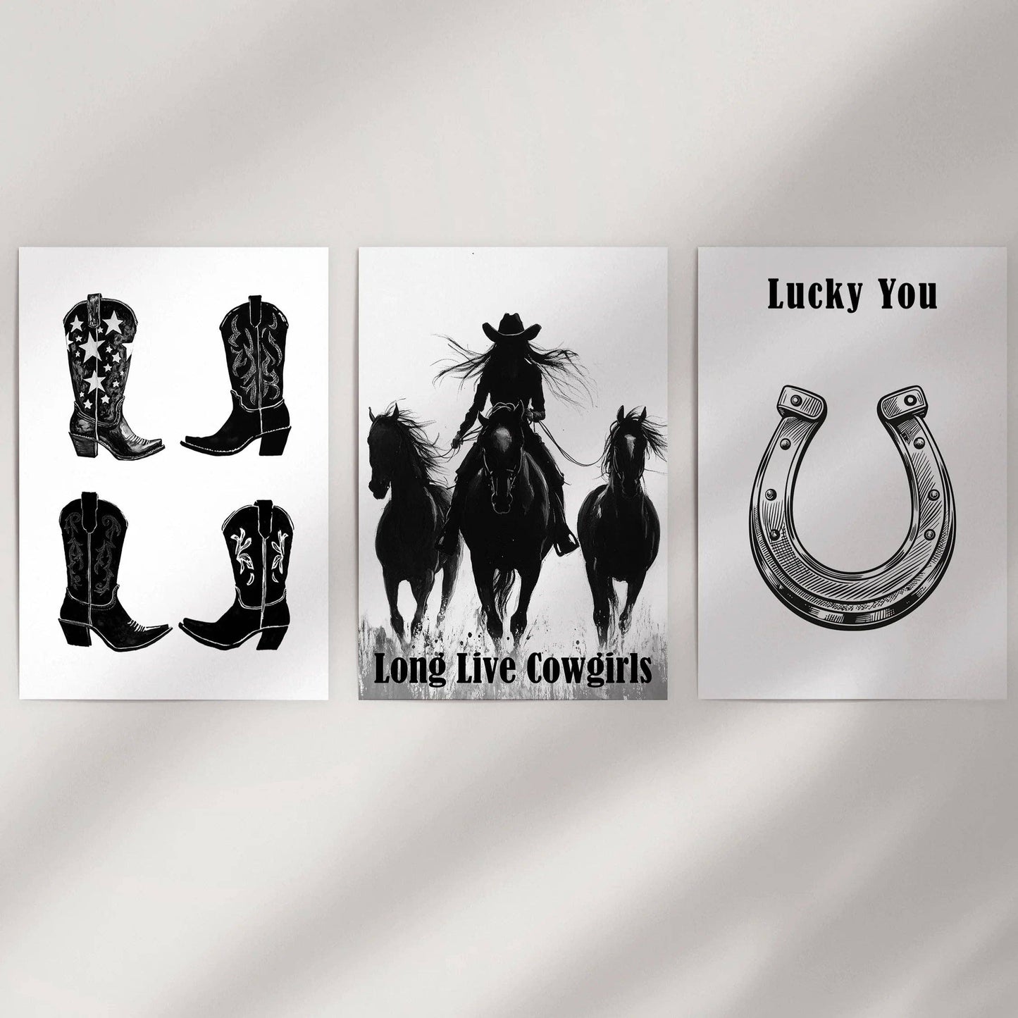 8” x 10” Black White Western Cowgirl Wall Art. Rustic Ranch Decor-set/3-No Frames
