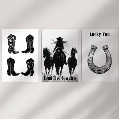 8” x 10” Black White Western Cowgirl Wall Art. Rustic Ranch Decor-set/3-No Frames