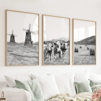 8” x 10” Farmhouse Black White Wall Art. Windmill, 3 Cows, Hay Bales-sold  separately- No Frame