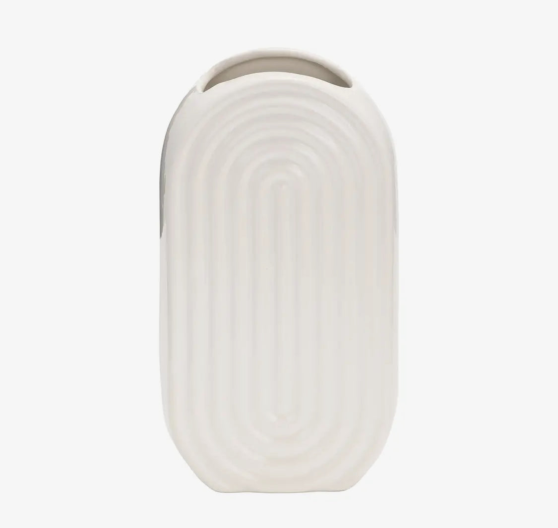 9” White Oval Ceramic Ridge Vase