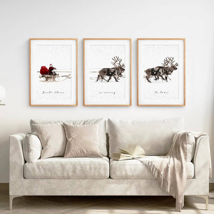 Christmas Santa Claus With a Sleigh Art Print-Set/3-No Frame Included