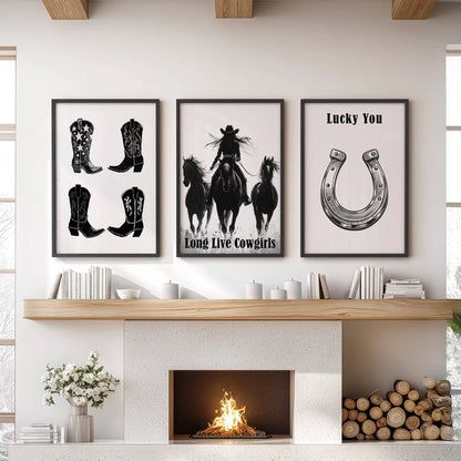 8” x 10” Black White Western Cowgirl Wall Art. Rustic Ranch Decor-set/3-No Frames