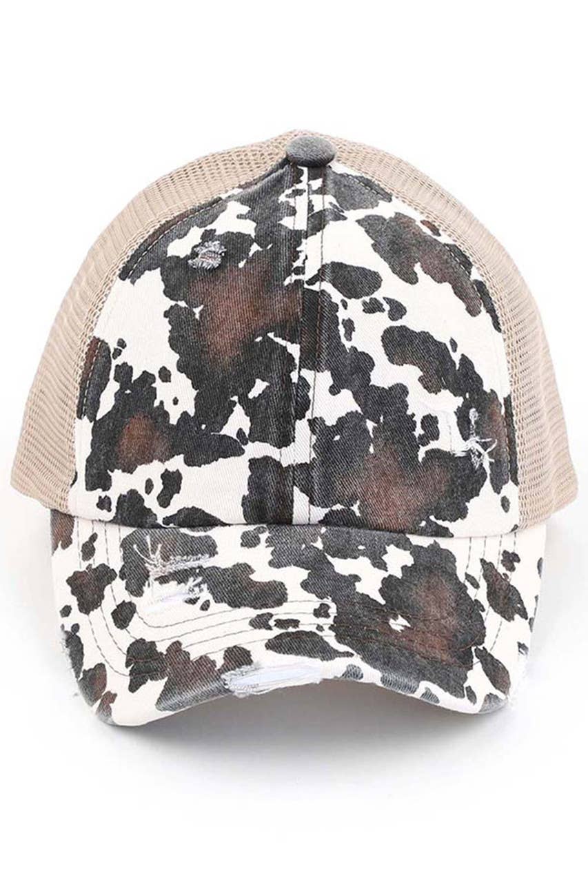 C.C Cow Print Mesh Criss Cross Ponytail Baseball Cap