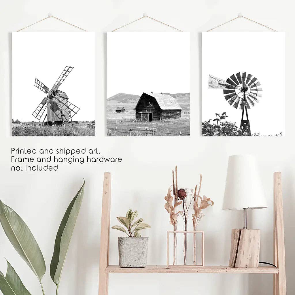 8” x 10” Black White Farm Style Print. Windmill, Barn Poster-sold seperately-No Frame