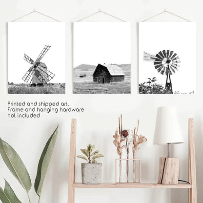 8” x 10” Black White Farm Style Print. Windmill, Barn Poster-sold seperately-No Frame
