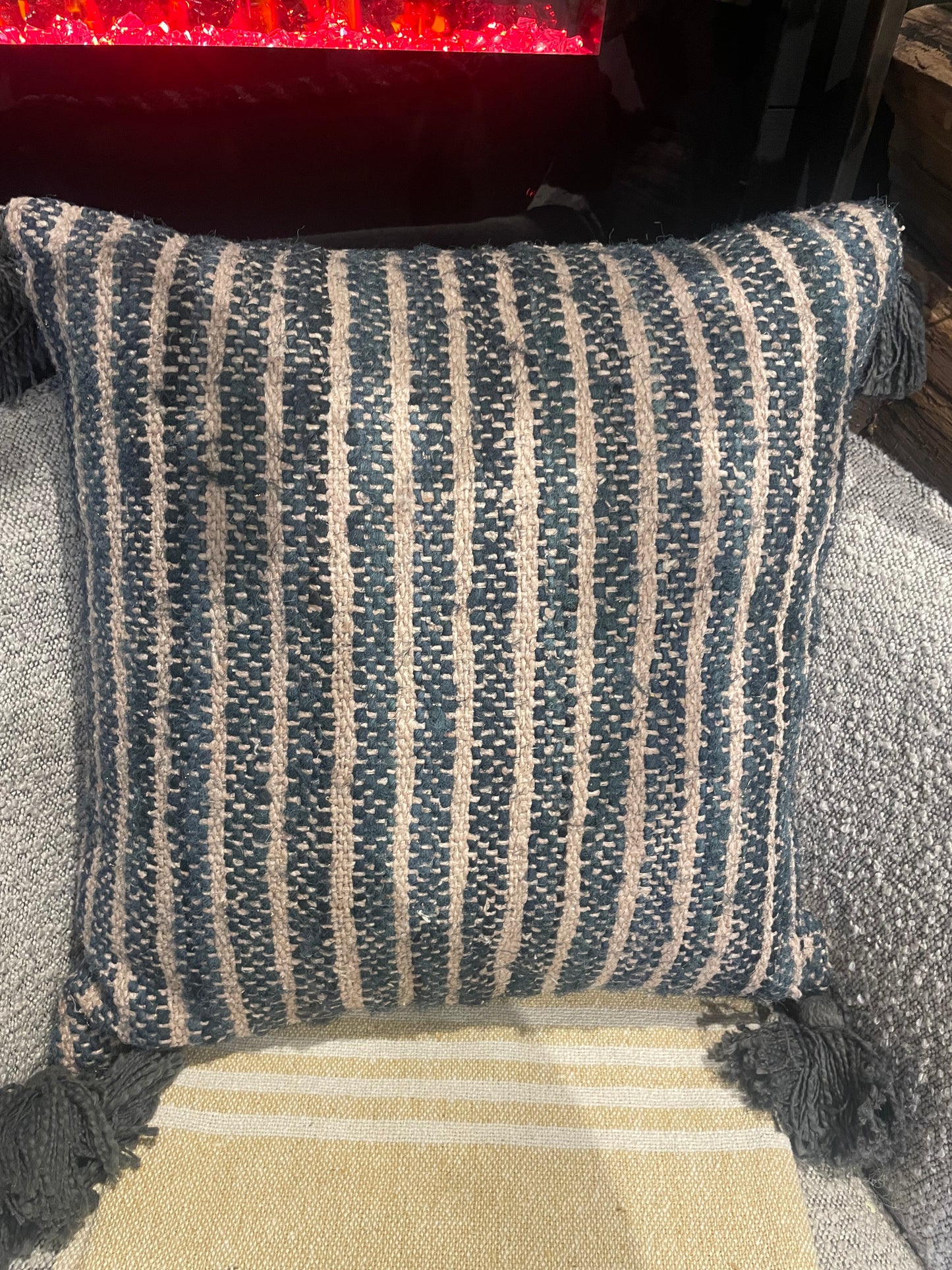 Woven Cotton Pillow w/Chambray Back & Tassels
