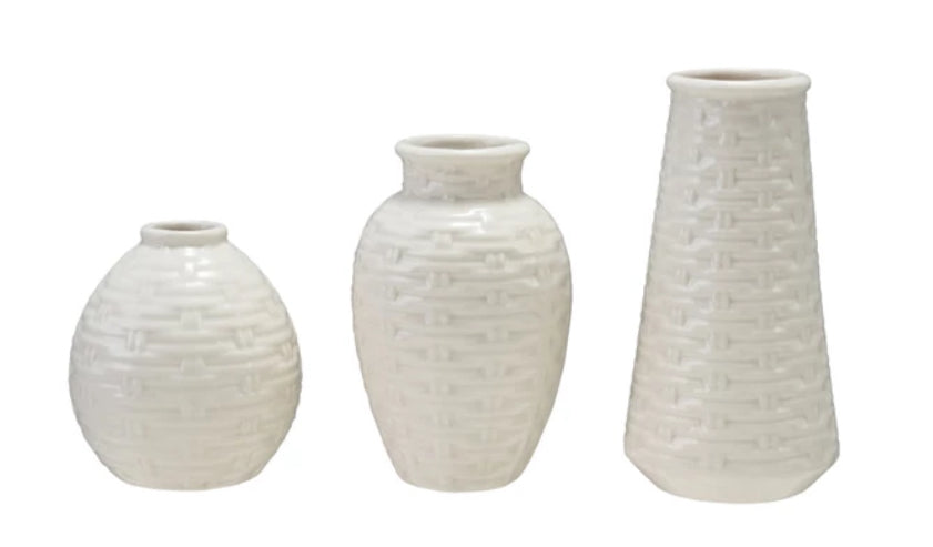 5” Embossed Stoneware Basket Weave Vase