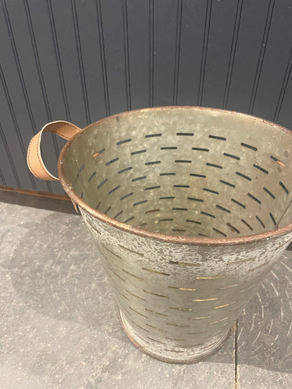 Galvanized Bucket w/ Leather Handles-Med