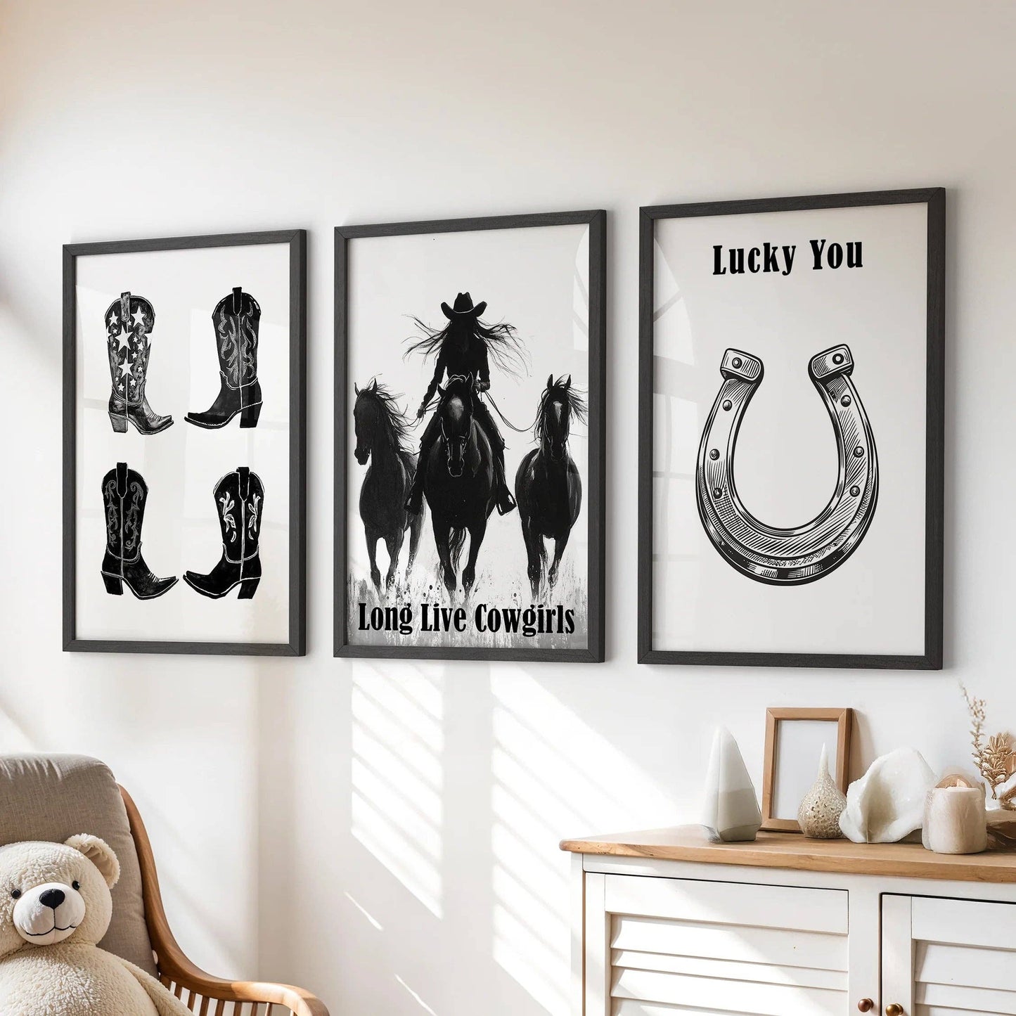 8” x 10” Black White Western Cowgirl Wall Art. Rustic Ranch Decor-set/3-No Frames