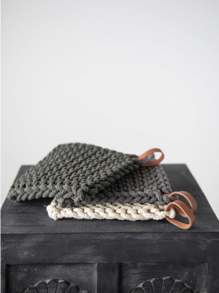 Crocheted Cotton Pot Holders w/Leather Loop