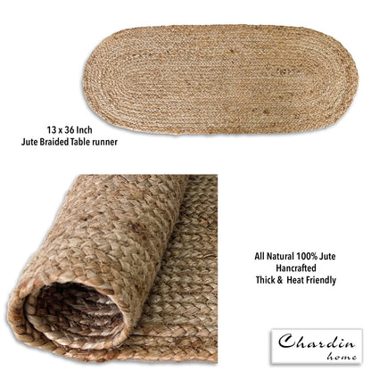 OVAL BRAIDED TABLE RUNNER, NATURAL JUTE, 13'' x 36''.
