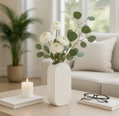 9” White Oval Ceramic Ridge Vase