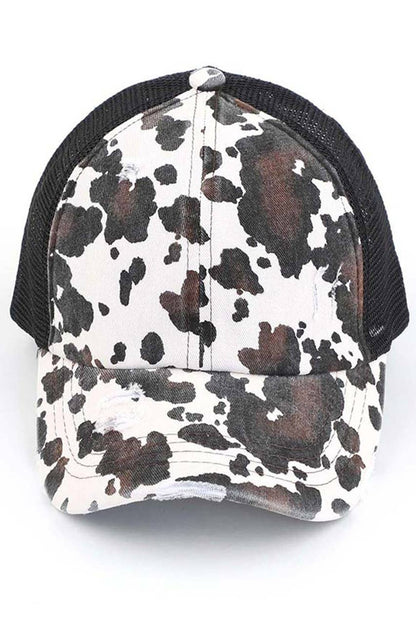 C.C Cow Print Mesh Criss Cross Ponytail Baseball Cap