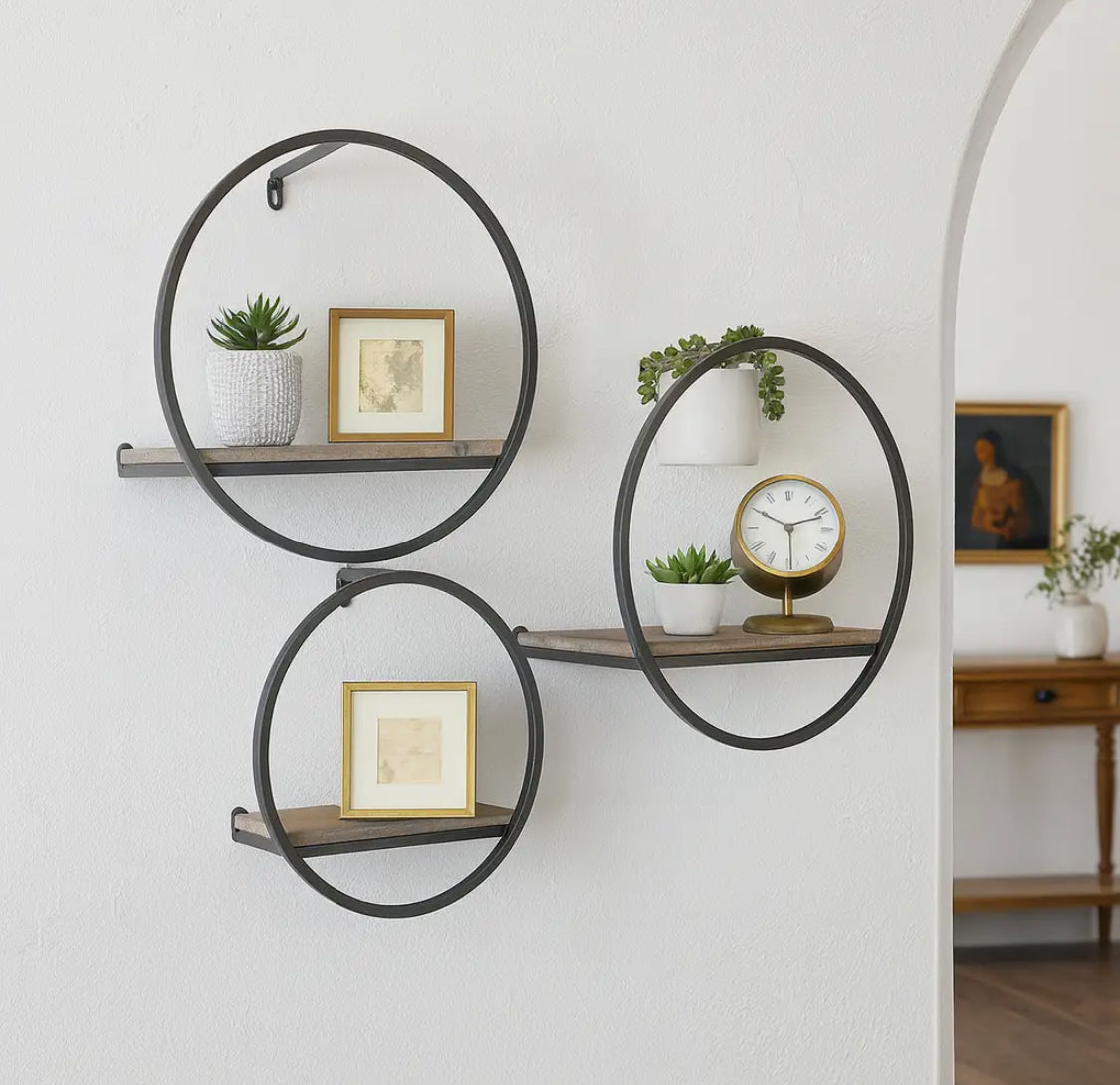 16” Metal/Wood Modern Circular Wall Shelf