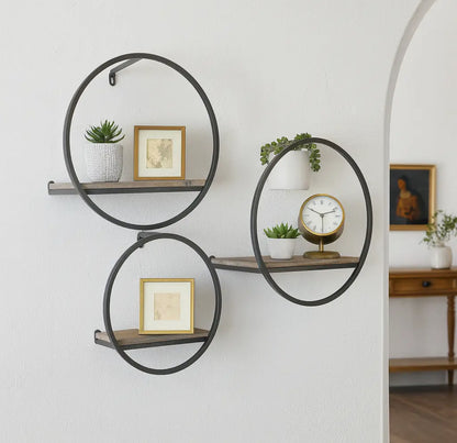 16” Metal/Wood Modern Circular Wall Shelf