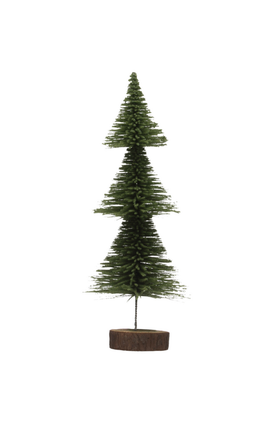 12”H Green Sisal Bottle Brush Tree w/Wood Slice Base
