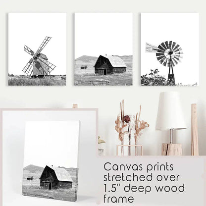 8” x 10” Black White Farm Style Print. Windmill, Barn Poster-sold seperately-No Frame