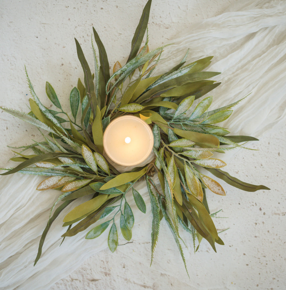 14” Green Yellow Mixed Leaf Candle Ring