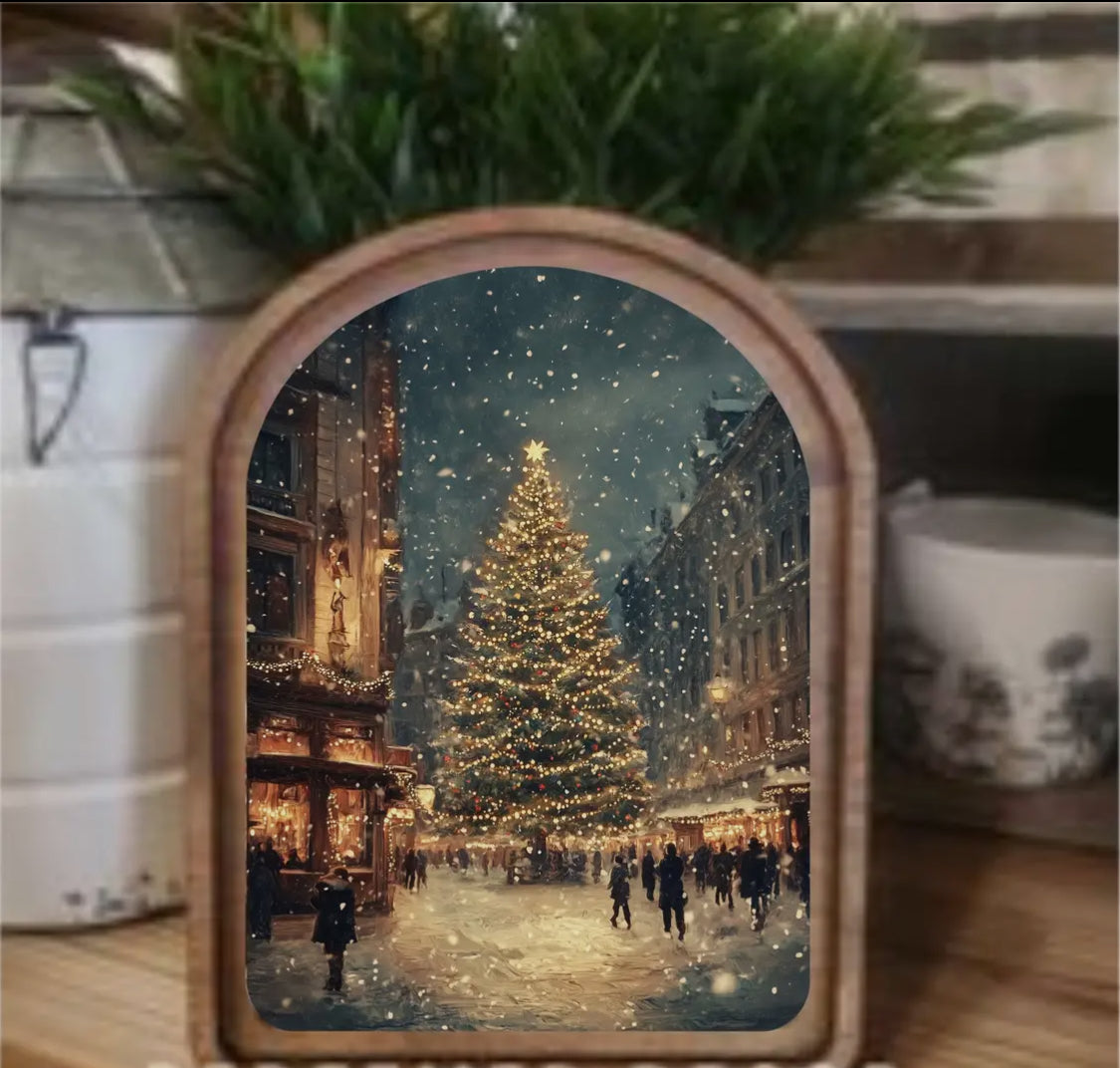 8” Arch Top Christmas Tree Main Street Framed Art