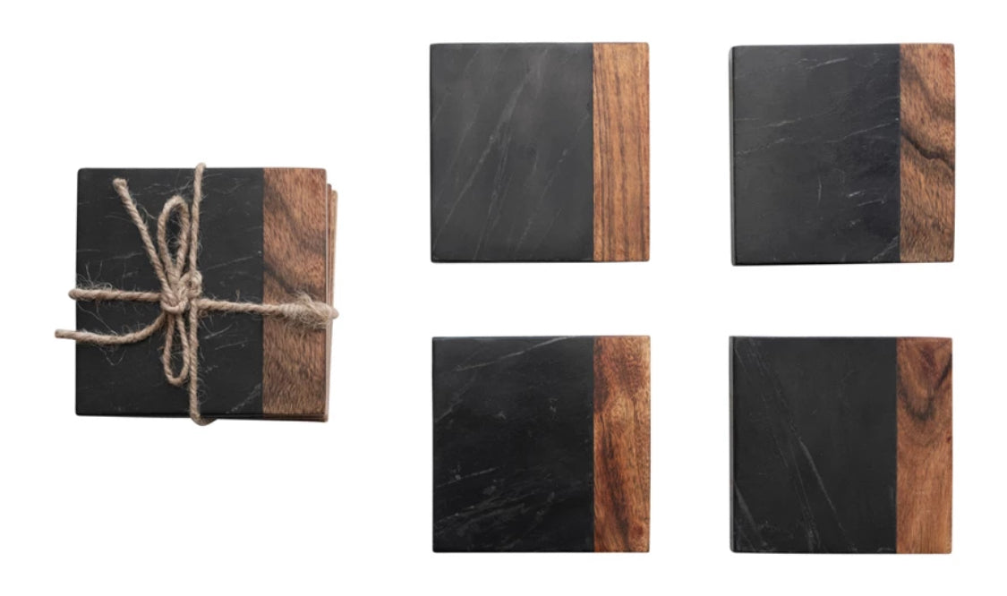 Marble & Acacia Wood Coasters, Black/Natural, set/4