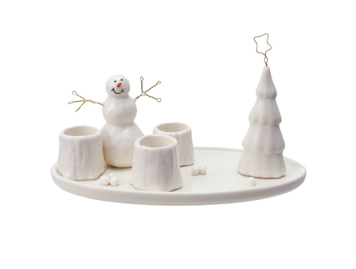Stoneware & Wire Taper Holder w/Snowman & Tree