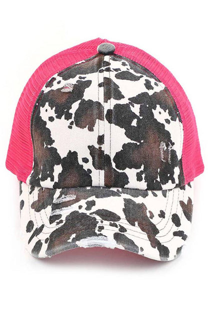 C.C Cow Print Mesh Criss Cross Ponytail Baseball Cap