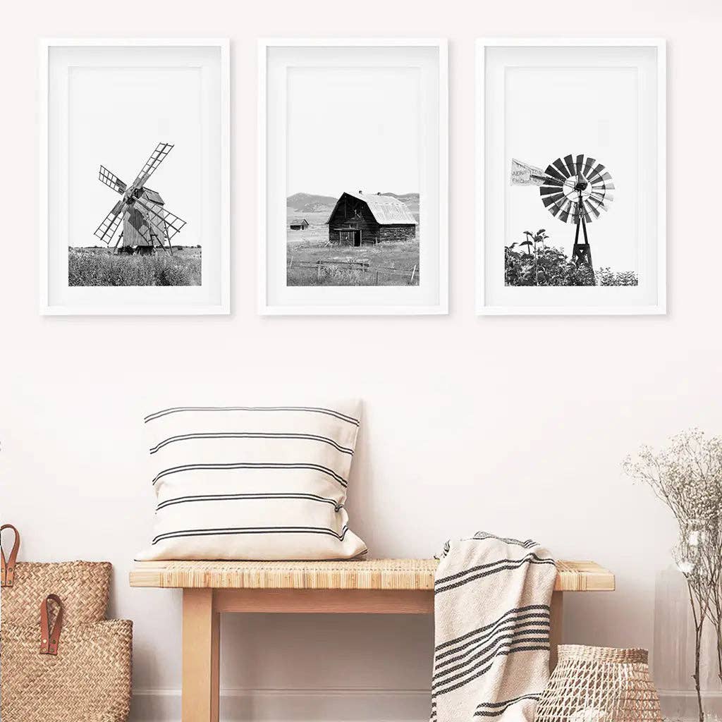 8” x 10” Black White Farm Style Print. Windmill, Barn Poster-sold seperately-No Frame