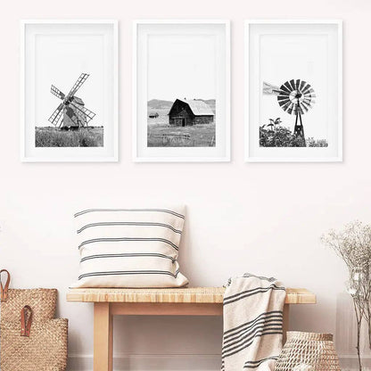 8” x 10” Black White Farm Style Print. Windmill, Barn Poster-sold seperately-No Frame
