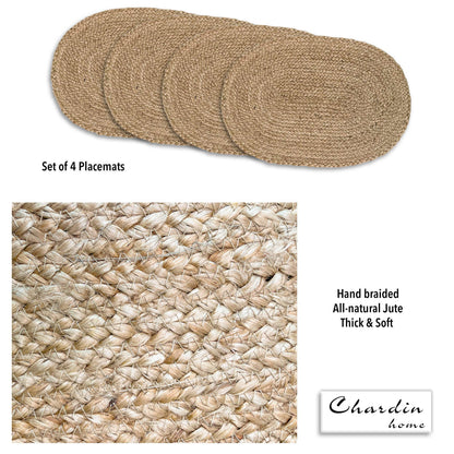 Natural Jute Hand Braided Oval Placemats, Set of 4, 13x19 In
