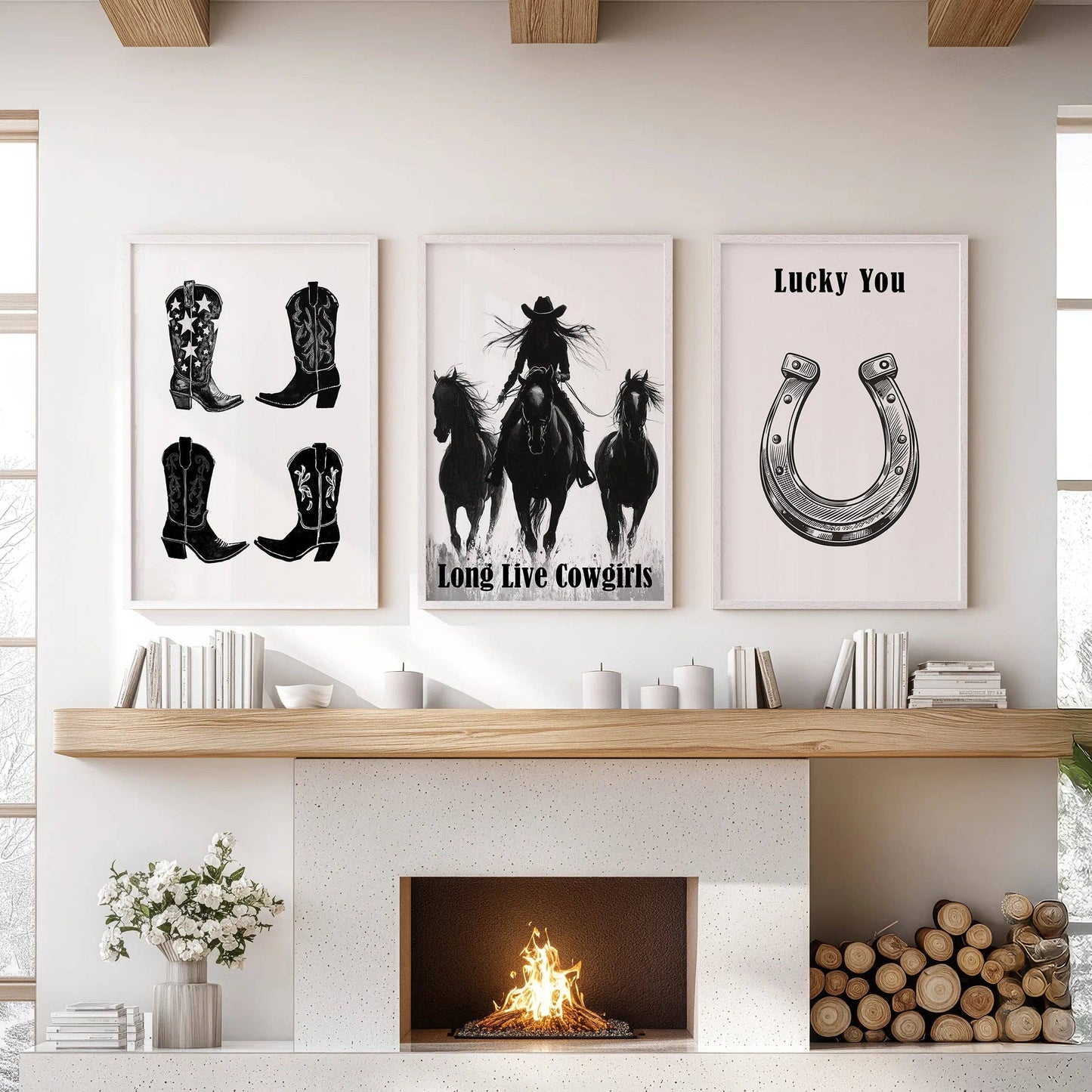 8” x 10” Black White Western Cowgirl Wall Art. Rustic Ranch Decor-set/3-No Frames