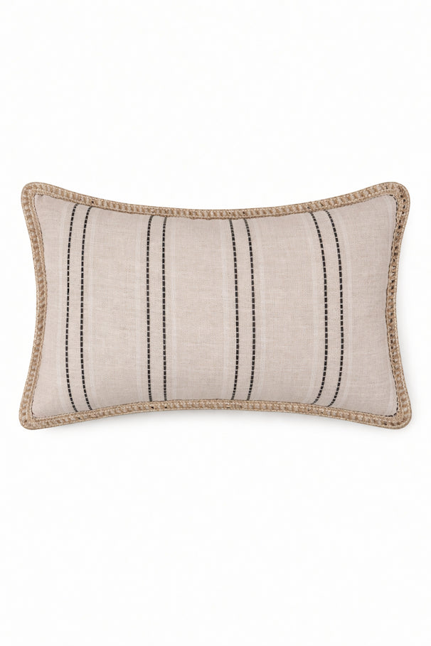 Neutral Striped Throw Pillow with Braided Trim
