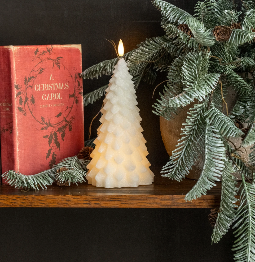 9” Cream Shimmer 3D Flame Fir Tree Candle