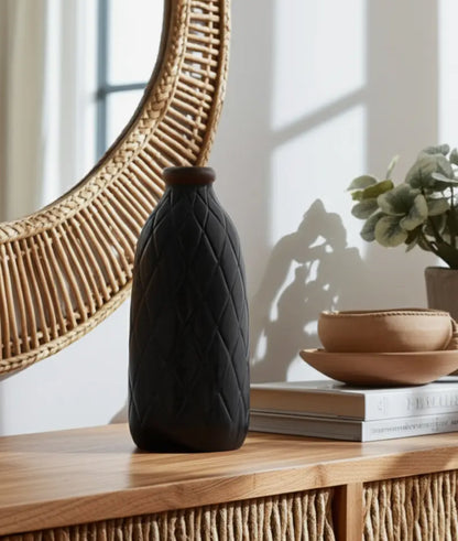 9” Black Ceramic Textured Diamond Vase