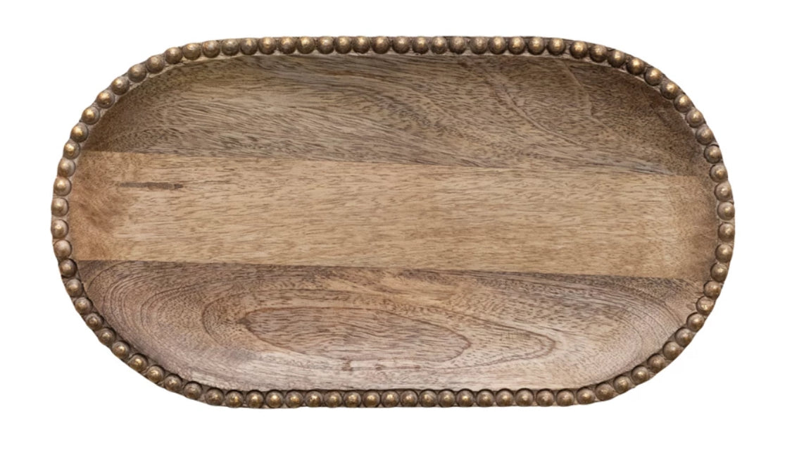 Hand-Carved Mango Wood Tray w/Wood Beads & Gold Finish