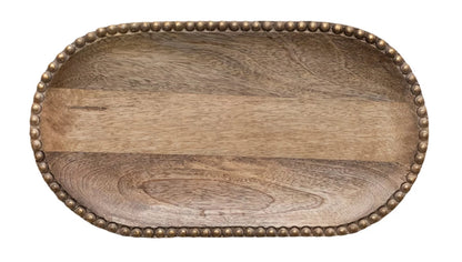 Hand-Carved Mango Wood Tray w/Wood Beads & Gold Finish