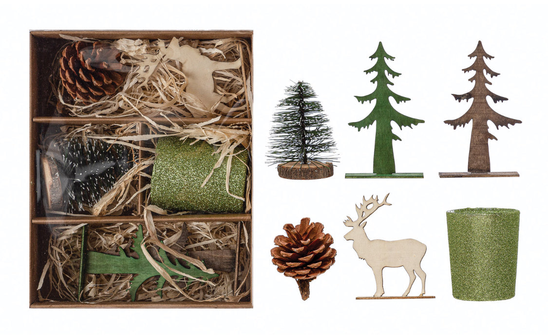 Garden Kit w/Bottle Brush Tree, Tea light, Pinecone & Wood Figures