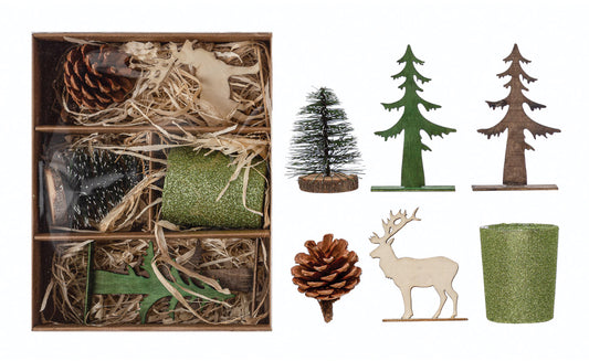 Garden Kit w/Bottle Brush Tree, Tea light, Pinecone & Wood Figures