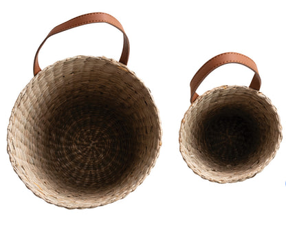 13-3/4” Hand-Woven Seagrass Baskets w/ Faux Leather handle