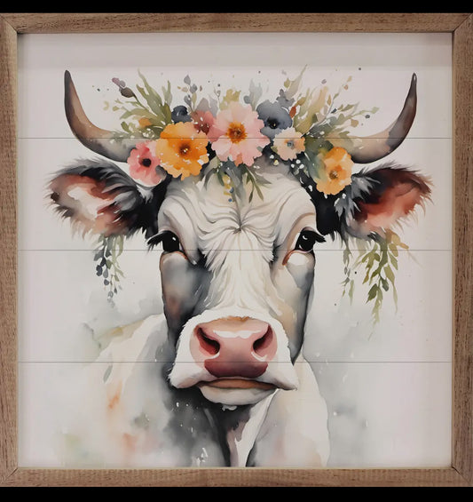 4”x4” White Cow w/Flower Crown