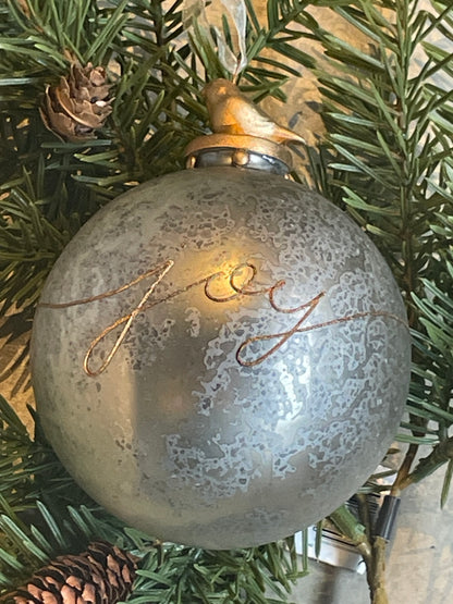 Silver Mercury Ball Ornament w/Gold Joy & Bird