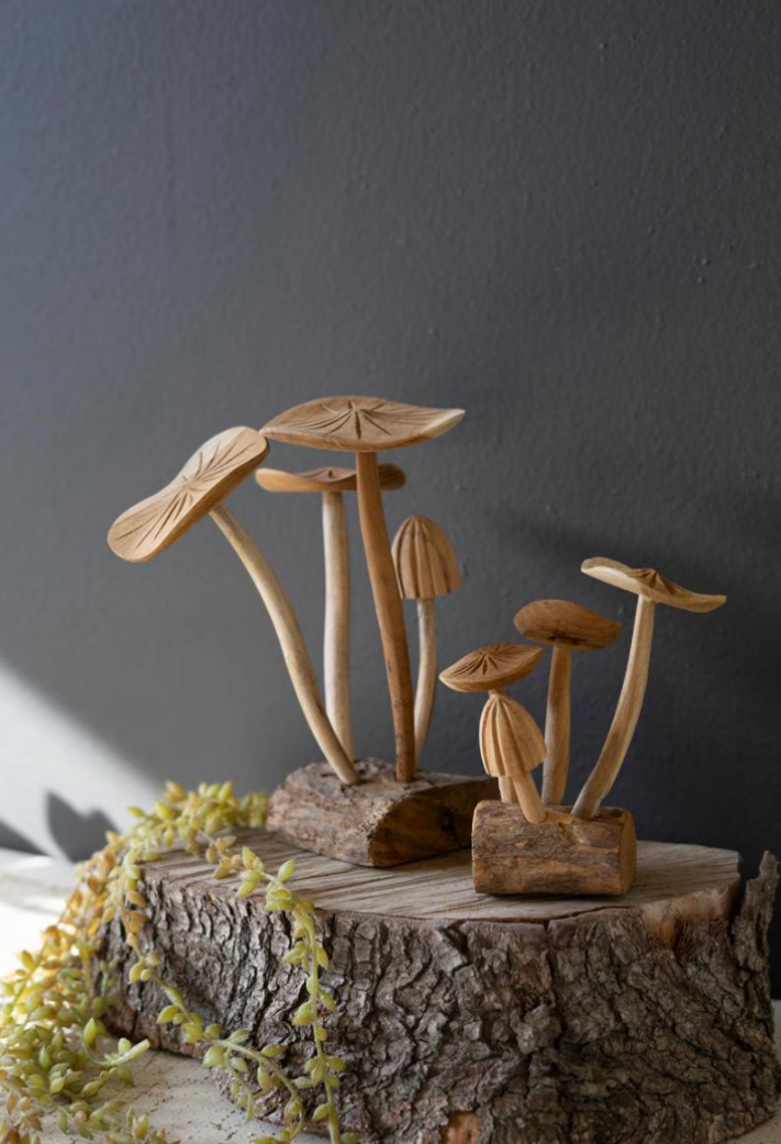 Hand-Carved Teakwood Mushroom Clusters-set/2