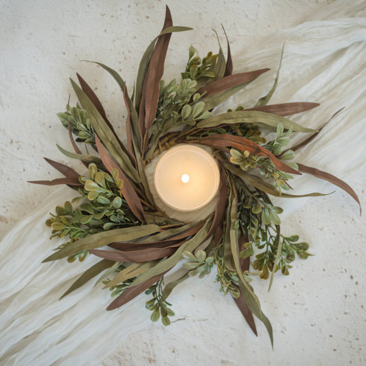 14" BROWN & GREEN MIXED LEAF CANDLE RING