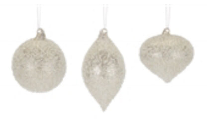 White Sparkle Glass Ornament-3Asst.