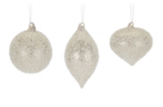 White Sparkle Glass Ornament-3Asst.