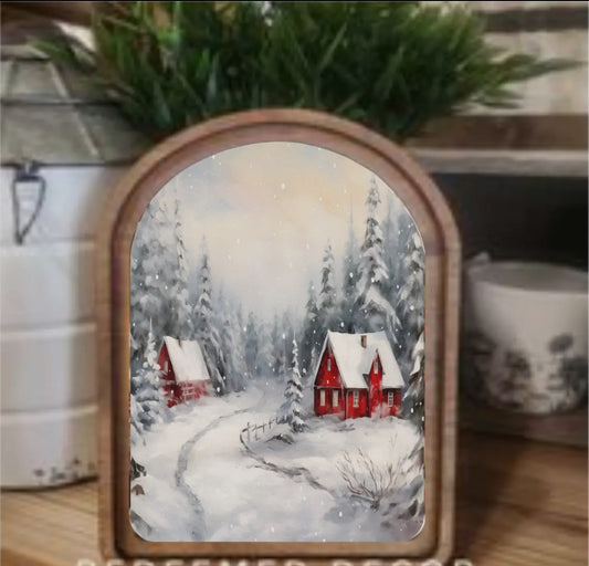 Arch Top Snowy Red Cabins Framed Art