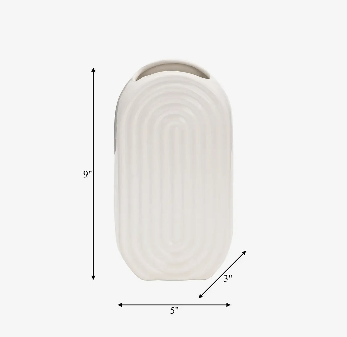 9” White Oval Ceramic Ridge Vase
