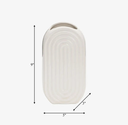 9” White Oval Ceramic Ridge Vase
