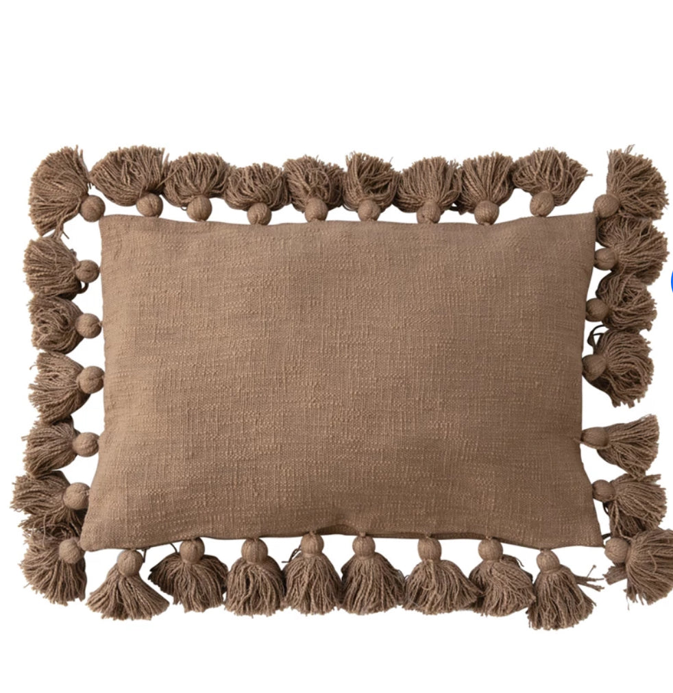 Brown woven Cotton Slub Lumbar Pillow w/Tassels