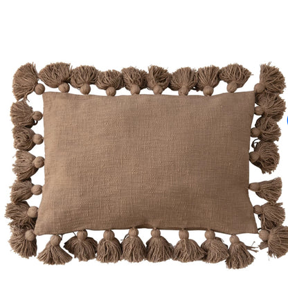 Brown woven Cotton Slub Lumbar Pillow w/Tassels