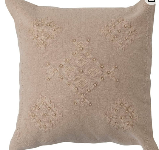 18” Woven Cotton Embroidery & French Knots Pillow